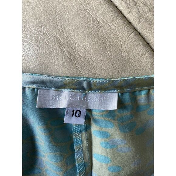 Jill Stuart Dress Silk Tan Turquoise Blue Shift Sleeveless Romantic Size 10 - Picture 7 of 8